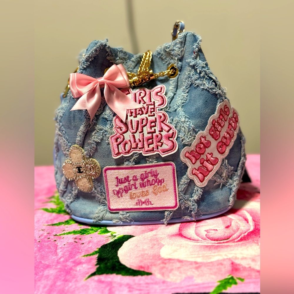 Denim Bucket Bag with Pink Accents